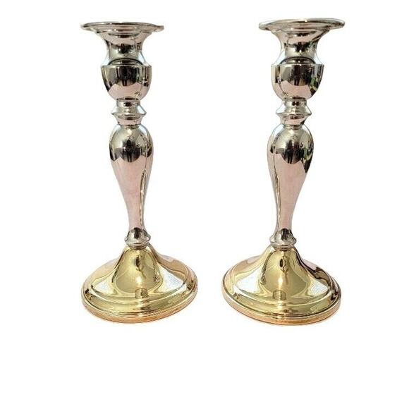 Candlestick Pair Weighted Two-tone Silver Brass Web Pewter Formal Evening - Picture 1 of 10